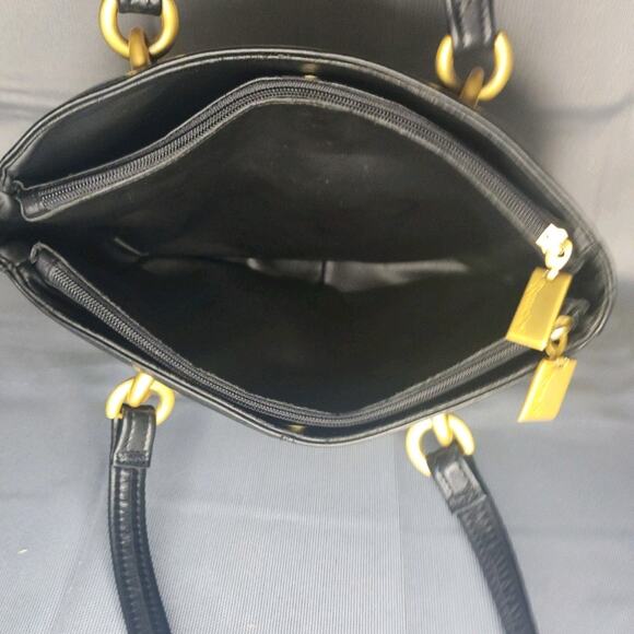 Vintage Tignanello Shoulder Bag Black Smooth All Leather Gold Ring Accents Chic - Picture 7 of 9
